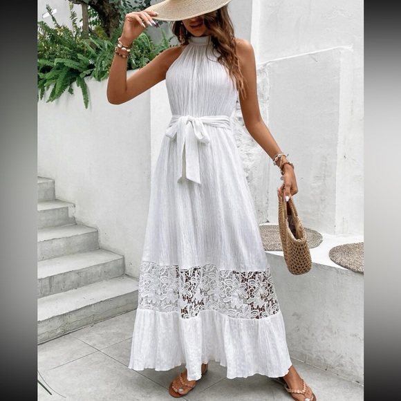 White Contrast Guipure Sheer Mesh Lace Layered Hem Belted Halter Dress - Picture 4 of 6